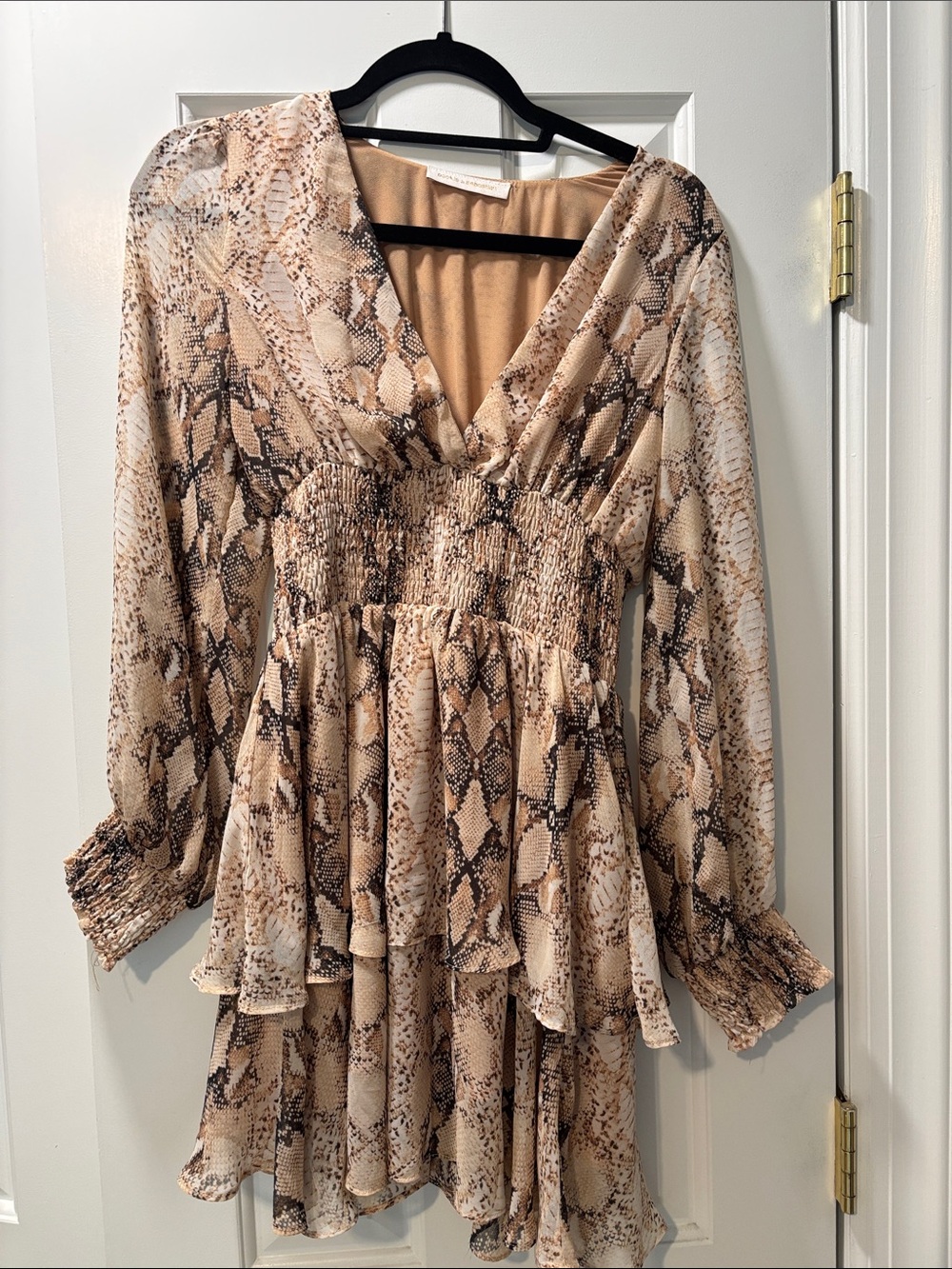 Smocked Waist Long-Sleeve Snake Print Mini Dress in Beige